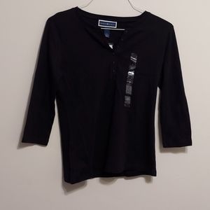 NWT Karen Scott Black Cotton Henley 3/4 Sleeve Top